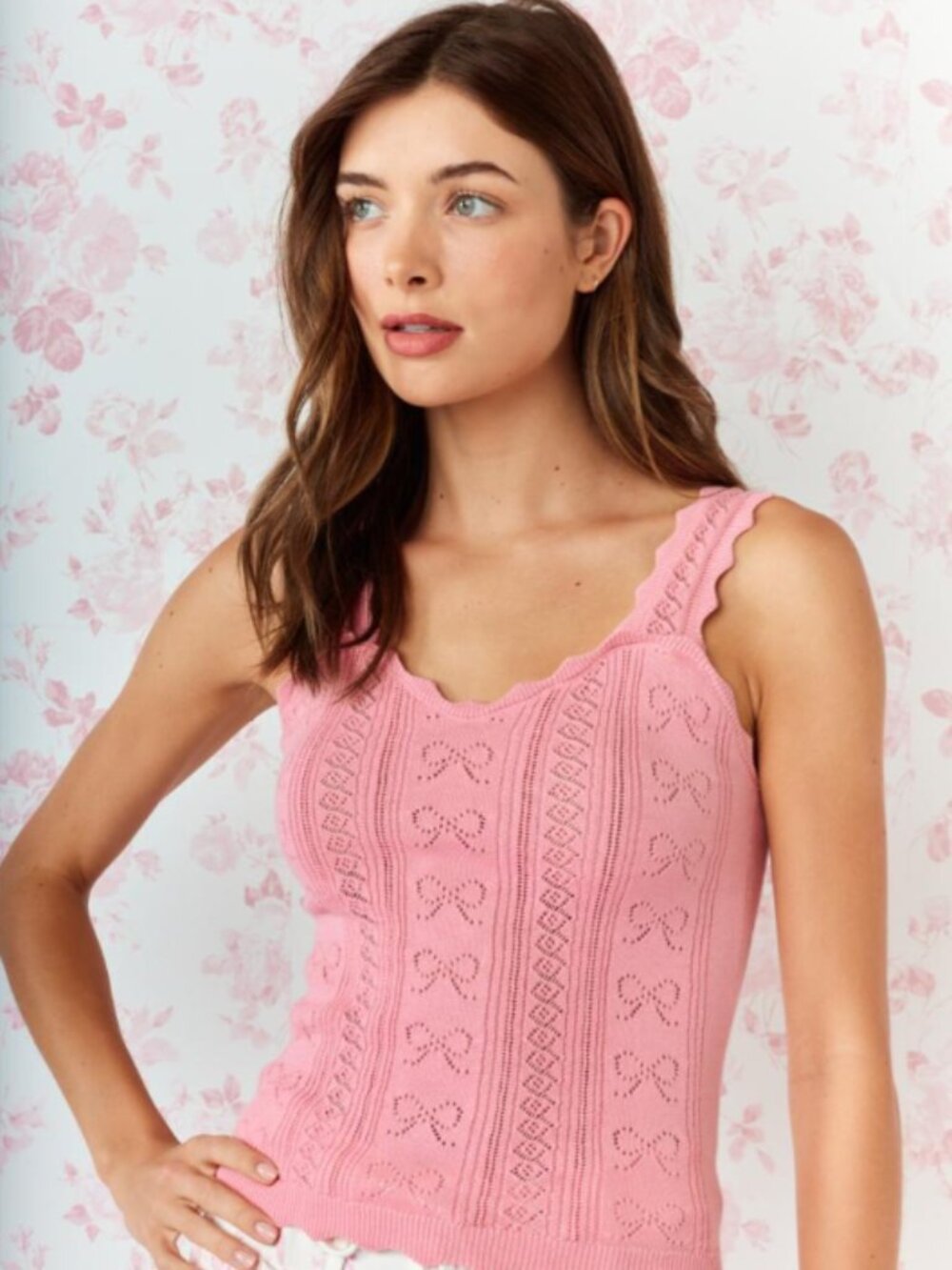 RARERAW Penelope pink pointelle bow knit tank